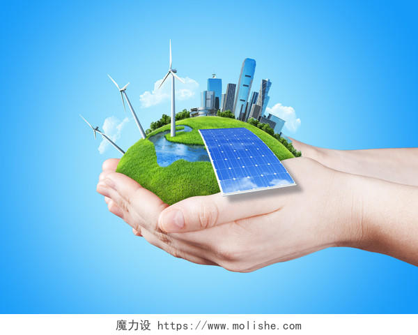手中持有明确绿色草原与太阳电池磨风力涡轮机和城市的摩天大楼新能源发电
